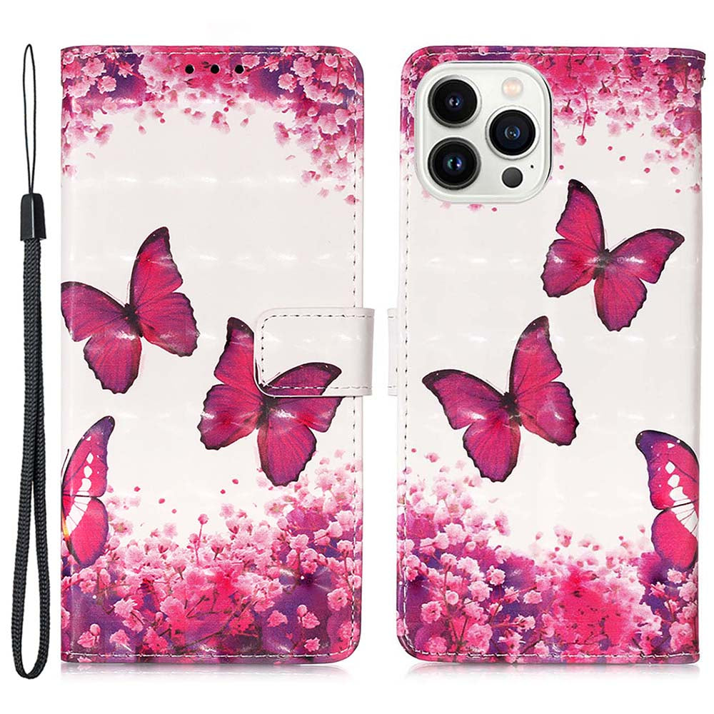 YB Pattern Printing Leather Series-2 for iPhone 15 Pro Max Wallet Phone Case 3D Pattern Printed Stand Cover - Rose Butterflies YB Pattern Printing Leather Series-2 for iPhone 15 Pro Max Wallet Phone Case 3D Pattern Printed Stand Cover - Rose Butterflies